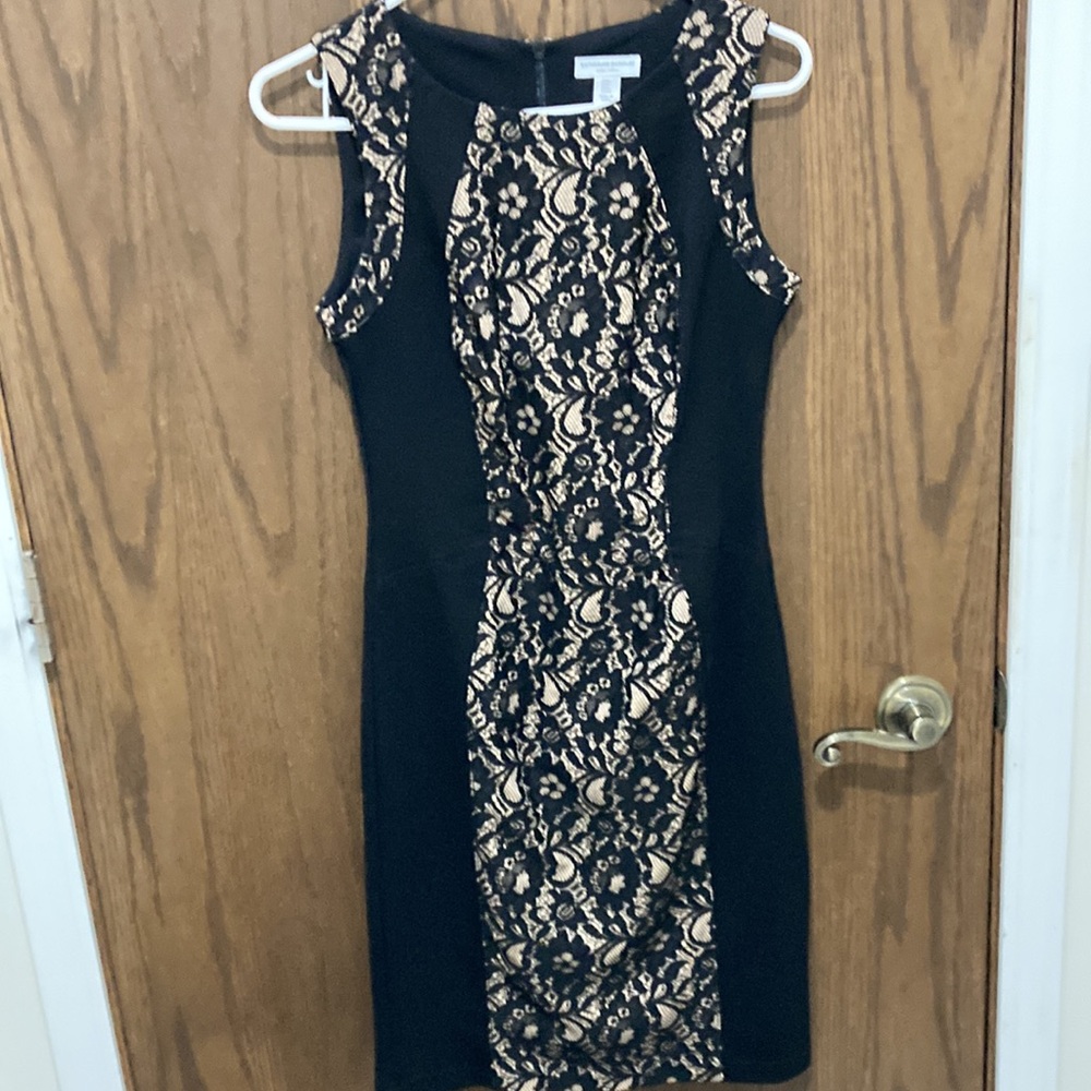 Katherine Barclay little black lace sheath dress